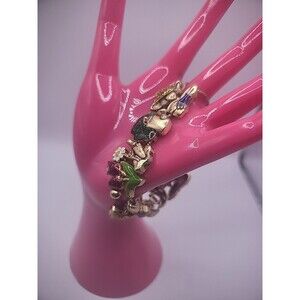 Vintage Bracelet Gold Tone Dangle Flowers Hats Green Clover Jewelry Costume